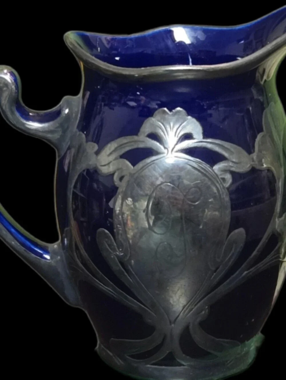 antique Lenox cobalt blue sterling silver overlay creamer and sugar set